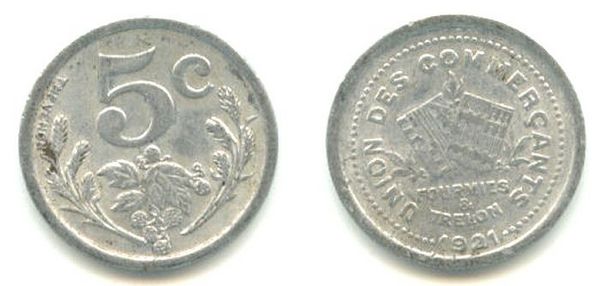 monnaie de nécessité de 5 centimes 1921 Union des commerçants