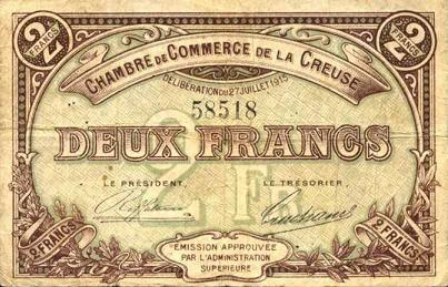 billet de necessite de 2 francs chambre de commerce de la Creuse 1915