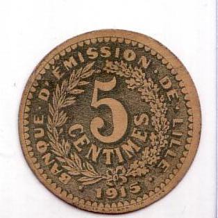 monnaie carton 5 centimes banque d'émission de Lille 1915