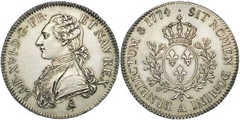 écu argent louis xvi 1774 aux branches d'oilivier