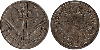 1 franc Bazor ETAT FRANCAIS 1943 avec surfrappe