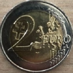 pièce de 2euro avec une contremarque et surfrappe d'une croix de lorraine