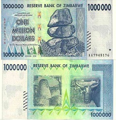 billet de 1 million de dollars Zimbabwe