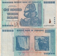 billet de 100 trillion de dollars 2008 Zimbabwe