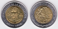 5 pesos 2010 Mexique 