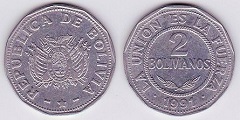 2 bolivianos 1991 Bolivie
