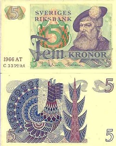billet 5 kronor 1966 Suède