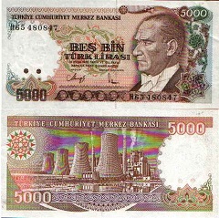 billet 5000 lira 1970 Turquie 