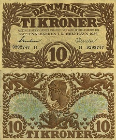 billet 10 kroner 1936 Danemark