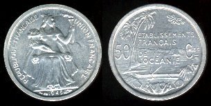 50 centimes 1949 établissement français de l'océanie