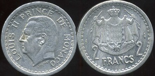 2 francs 1943 Monaco sans la date Louis II