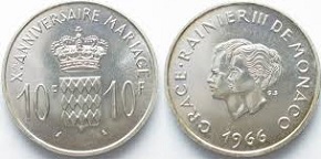 10 francs argent Monaco 1966 10ème anniversaire de mariage