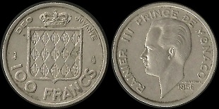 pièce 100 francs 1956 Rainier III Prince de Monaco