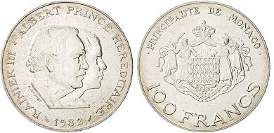 100 francs 1982 argent Rainier III et Albert Prince de Monaco