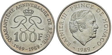 100 francs 1989 argent Rainier III  Monaco
