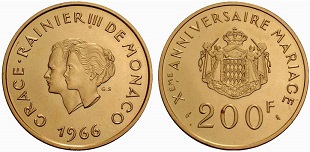 200 francs or monaco 1966 10e anniversaire de mariage