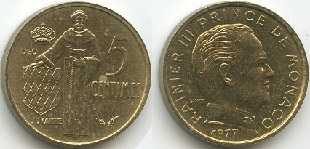 5 centimes de franc 1977 Monaco Rainier III