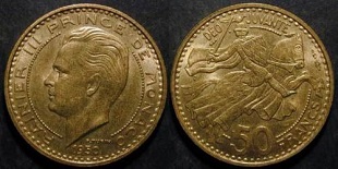 pièce 50 francs 1950 Rainier III Prince de MOnaco