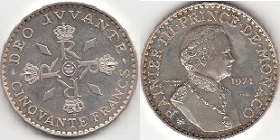 pièce 50 francs 1974 Rainier III prince de Monaco