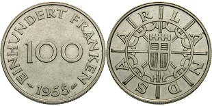100 franken saarland 1955 einhundert franfen